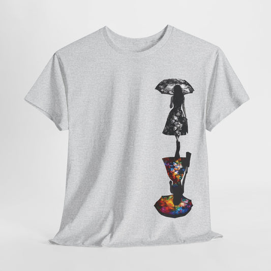 Duality Dreams Unisex T-Shirt in grey, adorned with an artistic floral design, displaying a silhouette of a woman with an umbrella alongside a colorful abstract counterpart, ideal for a luxurious wardrobe.