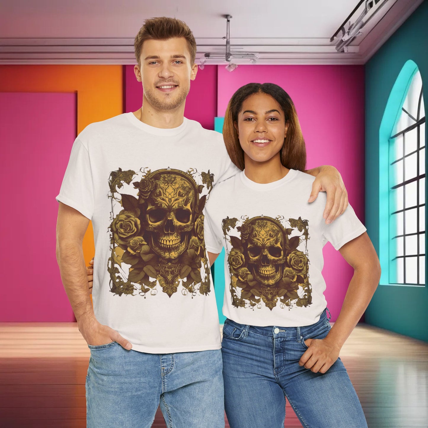 Stylish couple showcasing the Skulls and Roses Cotton Tee, a luxurious unisex graphic shirt featuring an intricate skull and rose design, perfect for alternative fashion enthusiasts.
