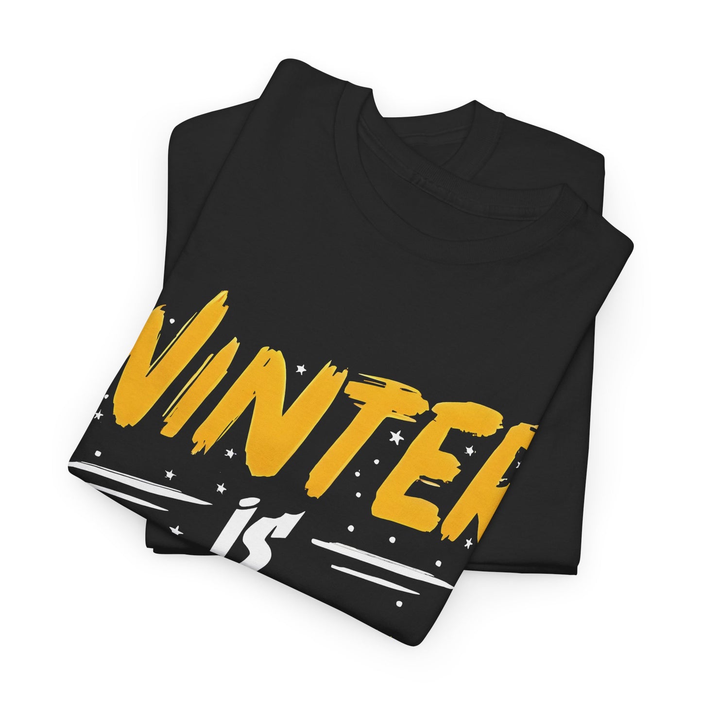 Stylishly folded black Winter Is Coming Graphic T-Shirt displaying bold yellow lettering, crafted from high-quality cotton for an elevated winter wardrobe.