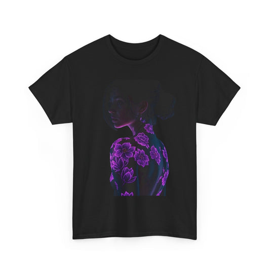 Elegant view of the 'Tattooed Beauty' unisex graphic t-shirt showcasing an artistic representation of a woman's silhouette embellished with intricate purple flower tattoos, ideal for stylish self-expression.