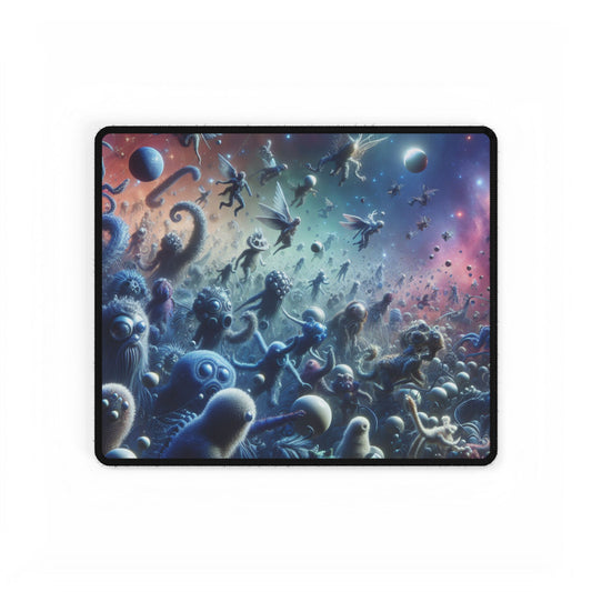 Stellar Nebulous Desk Mat featuring a captivating cosmic design with alien beings and galaxies, elevating your workspace decor.