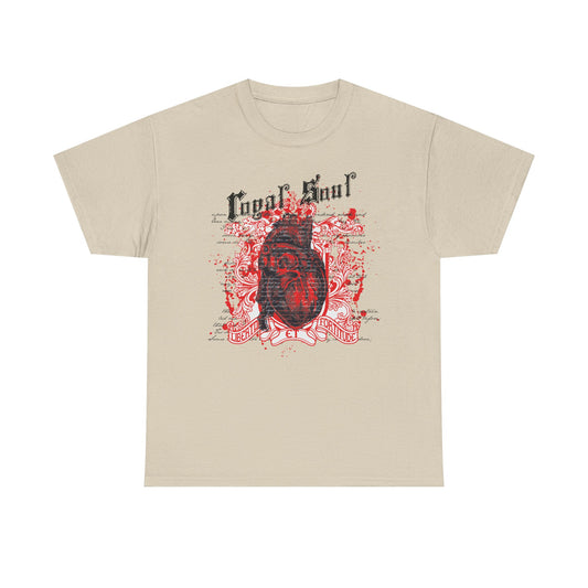 Elegant beige men's graphic t-shirt displaying a detailed anatomical heart graphic with ornate floral swirls and gothic text 'Cogal Soul', evoking a vintage yet contemporary aesthetic.