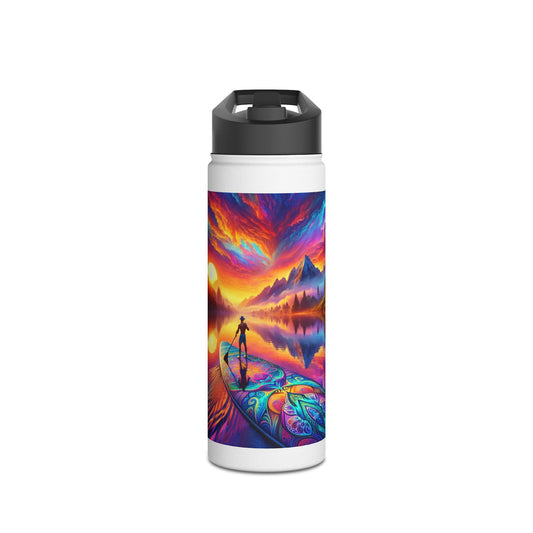 Fantasy Paddleboarding Stainless Steel Water Bottle featuring a majestic graphic of paddleboarding at sunset, ideal for stylish hydration during aquatic adventures.