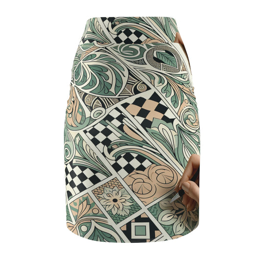 Vivienne Belmont Pastel Green Pencil Skirt showcasing an innovative design of organic shapes and checkerboard motifs, ideal for sophisticated outfits.