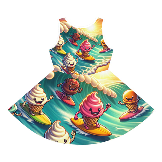 Sofia Littletrend - Girls Sunlit Ice-Cream Print Sundress showcasing charming ice-cream designs riding the waves under a sunny backdrop for effortless summer style.