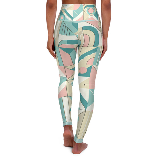 Elegant Geometric Patterned Leggings in Pastel Shades - showcasing a stylish back view with soft pastel colours including pink, mint green, and creamy yellow, designed for comfort and paired with intricate geometric patterns.