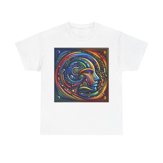 Stained Glass Dreams Unisex T-Shirt featuring vibrant, abstract artistry depicting a human face, perfect for adding a touch of luxury to your wardrobe.