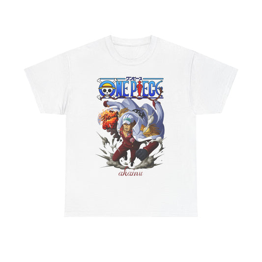 Sophisticated white One Piece Akainu t-shirt featuring a dramatic illustration of Akainu in action, with fiery effects and the stylish One Piece logo prominently displayed, perfect for anime enthusiasts.