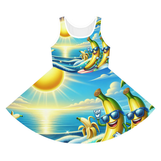Charming front view of the Sophie Rosendale 2 - Tropical Banana Surfers Girls Sundress, adorned with lively banana surfers and bright sun, perfect for summer fashion.
