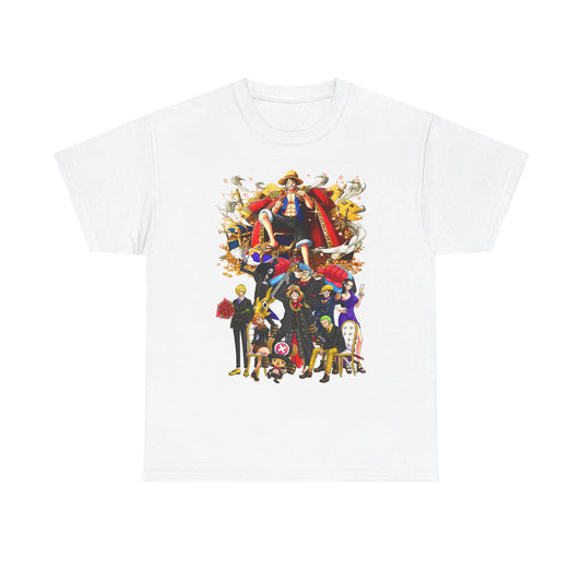 Elegant white t-shirt adorned with a stunning graphic of an adventurous anime crew, capturing the essence of camaraderie and excitement in high-definition detail.