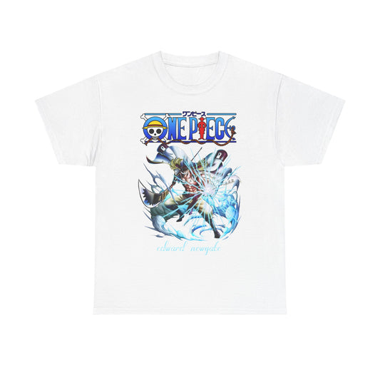 Elegant white One Piece t-shirt displaying a bold illustration of Edward Newgate, symbolising power and adventure in a premium graphic design.