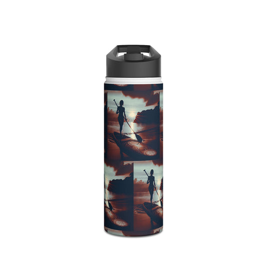 Fantasy Paddleboarding Stainless Steel Water Bottle displaying elegant graphics of a paddleboarder at sunset, designed for luxury hydration on the water.
