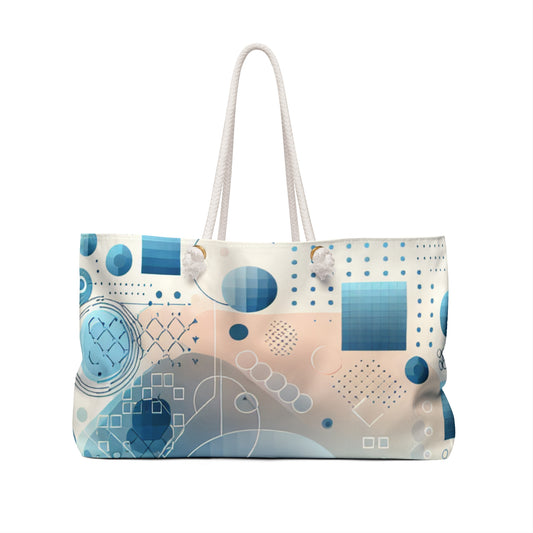 Close-up view of Sebastian Couture Pastel Blue Weekender Tote's abstract design, showcasing non-geometric shapes and luxurious aesthetic.