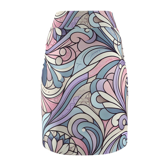 Soft Pastel Prism Pencil Skirt showcased in luxurious setting, featuring an elegant blend of pink, purple, and blue hues for a high-quality fashion statement.