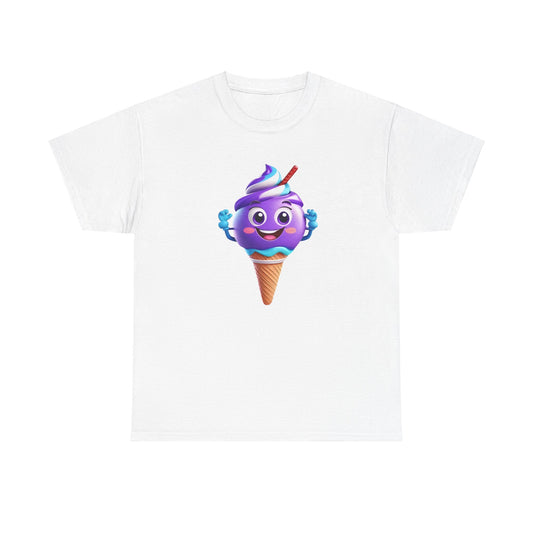 Scoop of Joy: Cartoon Ice Cream Cone Character Tee in elegant white cotton, showcasing a cheerful ice cream character design that embodies joy and style, ideal for casual luxury.