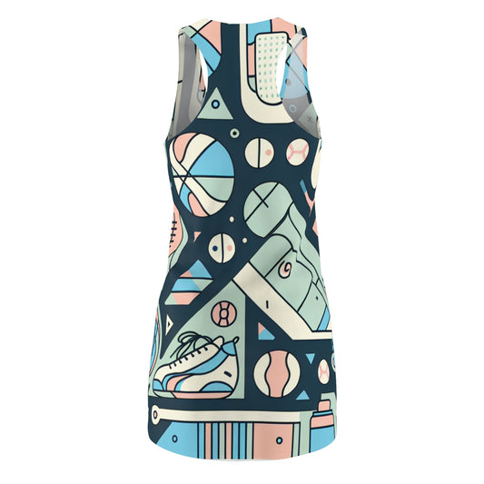 Close-up of Valentina Sartoria Racerback Dress showcasing its playful sporty pattern and soft pastel colours perfect for casual summer outings.