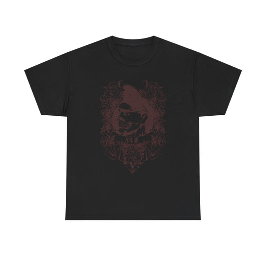 Elegant black men's t-shirt adorned with a striking zombie design highlighted by deep red Baroque details, embodying a fierce and unique style.