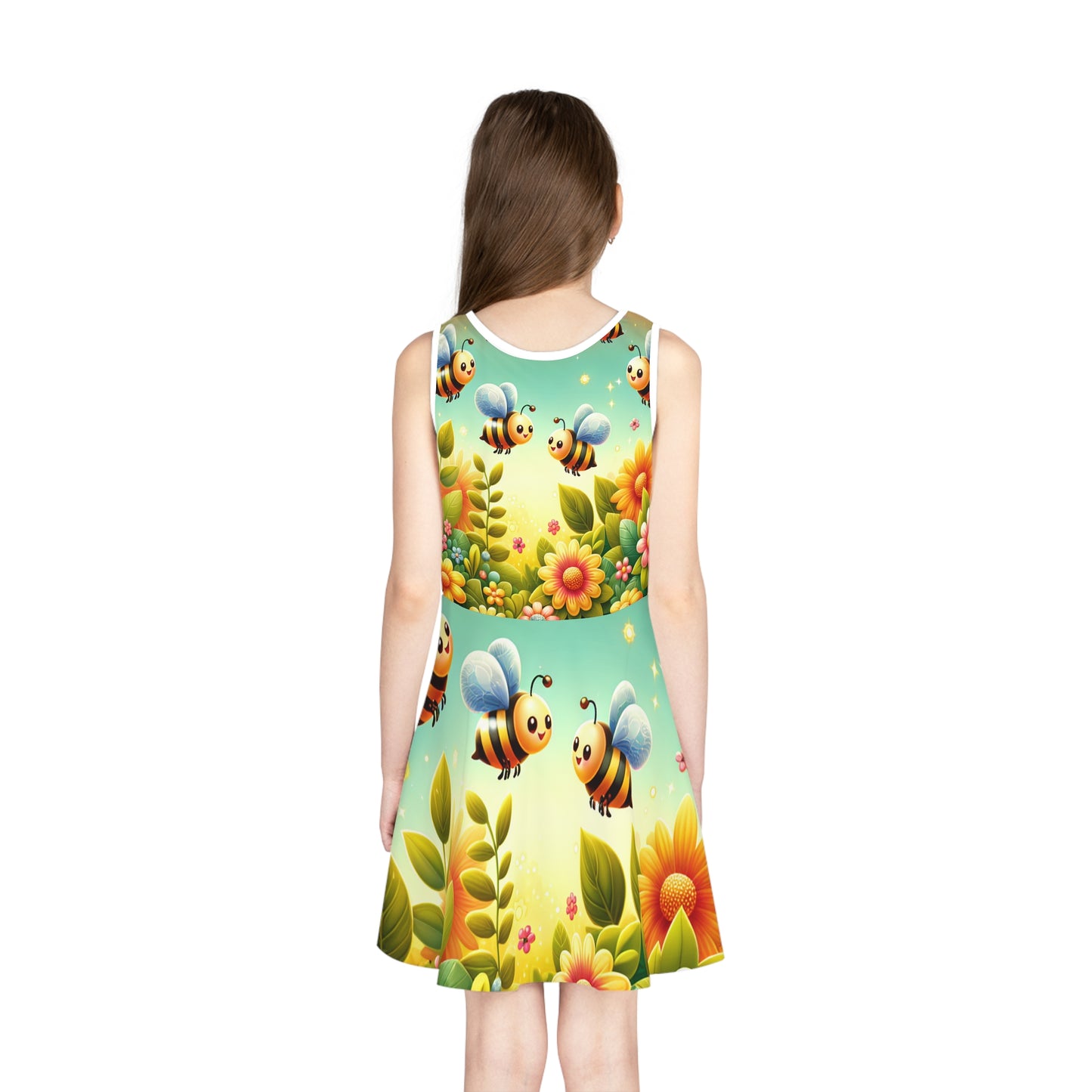 Back view of Sophie Bellaire Girls Vibrant Cartoon Garden Sundress with Dancing Bumblebees, presenting a delightful cartoon garden design with cheerful bumblebees, ideal for creating a stylish summer look.