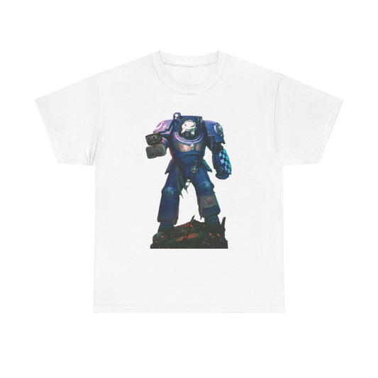 Front view of a luxurious WarHammer graphic t-shirt, showcasing a striking blue armoured figure, designed for both men and women who appreciate unique fashion.