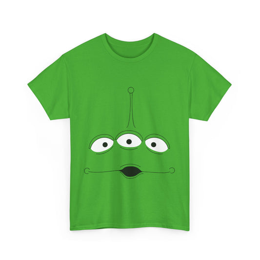 Elegant Toy Story Alien Unisex Men´s Women´s Graphic T Shirt Tee displaying a playful three-eyed alien graphic on a bold lime green background, ideal for casual chic ensembles.