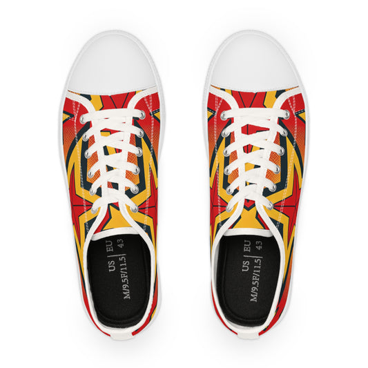 Top view of Electra Boltfield Men's Low Top Pop Art Sneakers in Vibrant Red with Bold Yellow Stars, showcasing the intricate star design and premium cushioning for ultimate comfort and contemporary fashion.