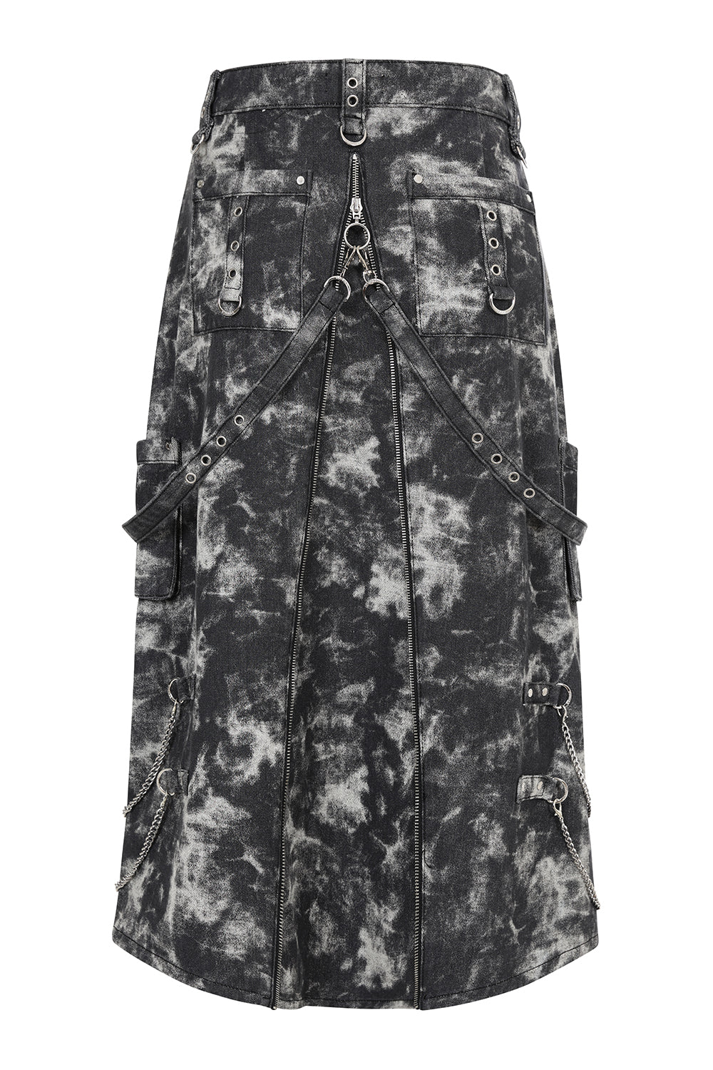 Close-up of the Eris Skirt detailing, showcasing the unique silver-tone hardware and structured fit, perfect for alternative streetwear styling.