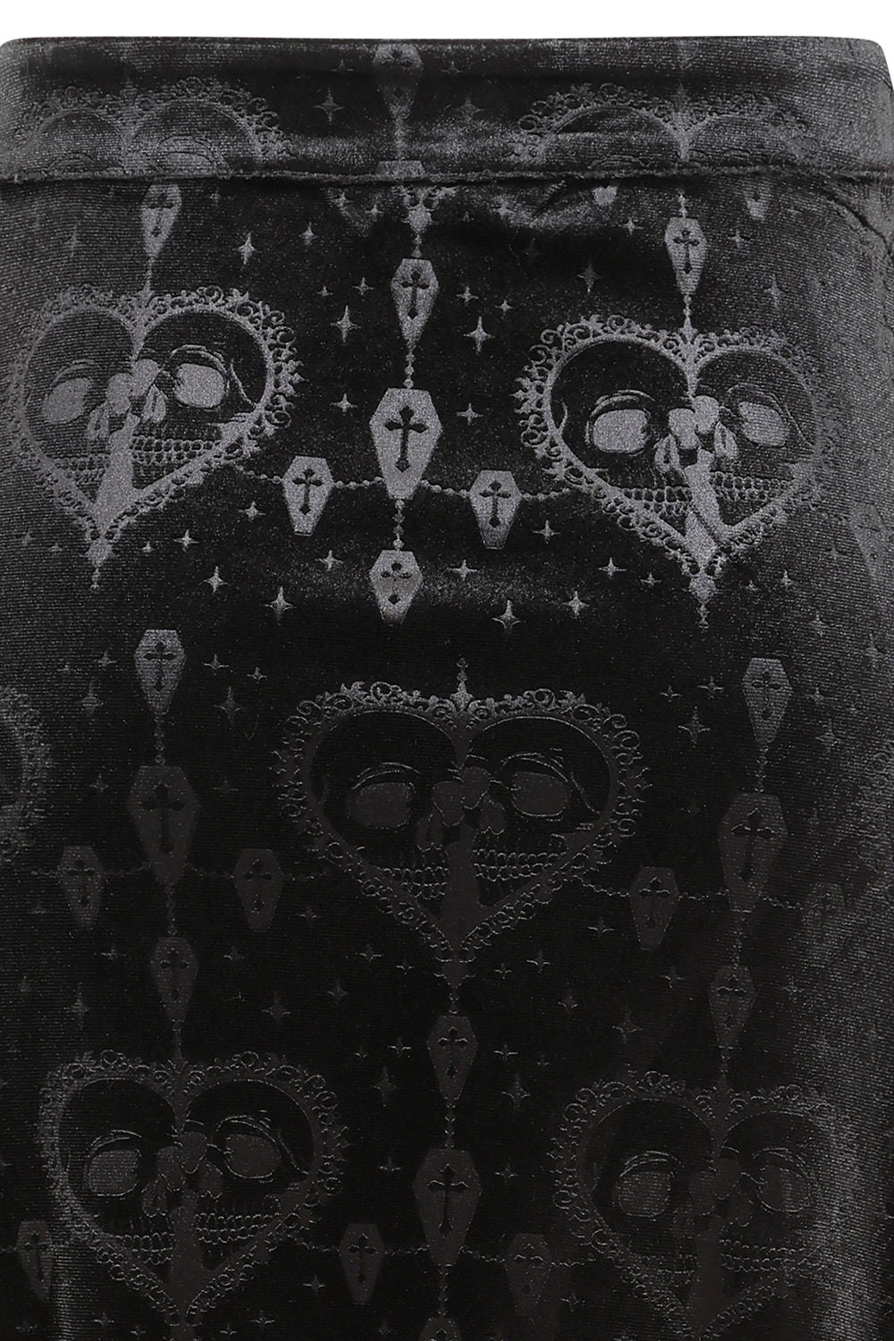 Stylish model wearing the Banned Trivia gothic skirt, paired with a fitted velvet top, embodying a dramatic and refined gothic aesthetic.