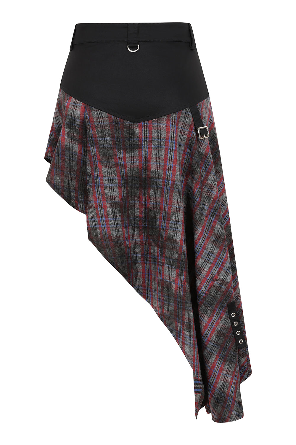 Detail of the functional O-ring zip on the Banned Apparel Morrigan Goth Asymmetric Tartan Skirt, emphasizing luxury craftsmanship and punk-inspired designs.