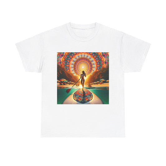 Delightfull Paddle Board T-Shirt for Water Sports Enthusiasts - Nature Inspired Tee featuring a stunning paddleboarding graphic against a serene sunset on a white fabric.