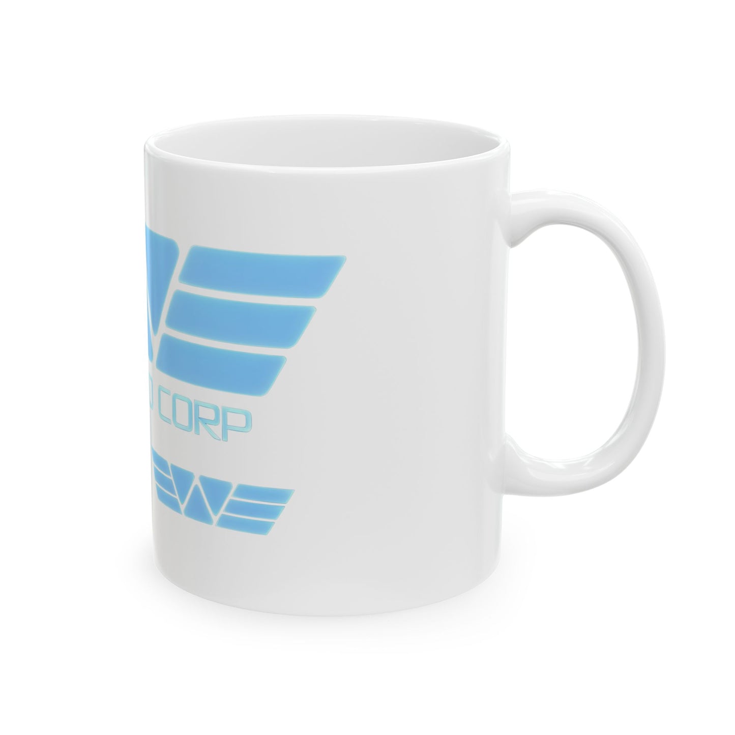 Weyland Corp Logo Ceramic Mug displaying the distinctive blue logo artfully placed against a pristine white surface, embodying luxury and nostalgia.