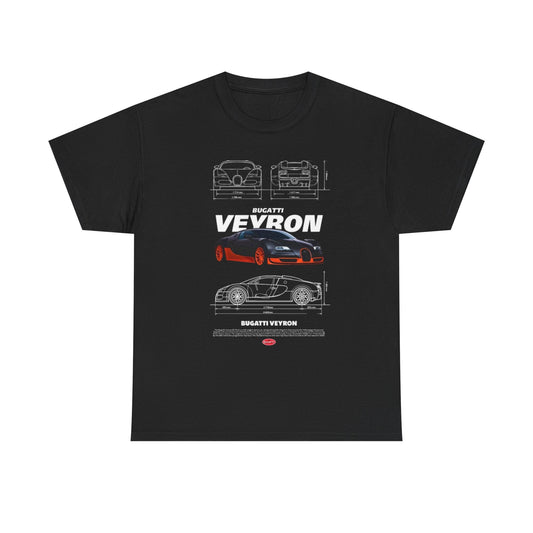Stylish T-Shirt for Men showcasing Bugatti Veyron Design: Technical Drawings & Specs. The design features a sleek sketch of the Bugatti Veyron on a sophisticated black fabric.