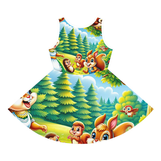 Sophia Poppington Girls Whimsical Woodland Creatures Sundress - Vibrant Summer Outfit for Toddlers featuring enchanting illustrations of woodland animals amidst lush greenery.