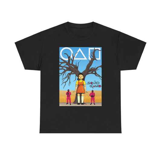 Elegant black t-shirt showcasing a vibrant Squid Game-themed design, highlighted by a character with tree hair and pink figures, perfect for those who appreciate unique and bold fashion statements.