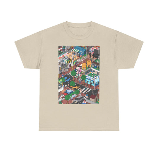 Stylish unisex graphic tee showcasing an intricate city landscape design, perfect for making a bold fashion statement.