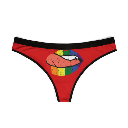 Luxurious red women's thong featuring a playful graphic design of rainbow lips, perfect for cheeky Valentine's Day gift giving or a fun surprise.