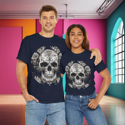 Skulls and Roses Cotton Tee featured on a duo in dark navy, highlighting a striking unisex graphic shirt with exquisite detailing, ideal for making a bold fashion statement.