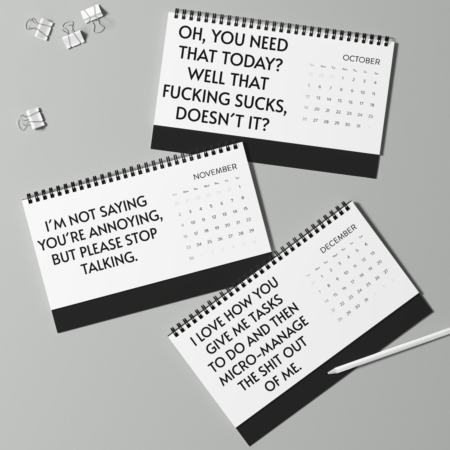 2025 Humorous Desktop Calendar for Work displaying amusing quotes for October, November, and December, a must-have gift for those who appreciate a cheeky sense of humour.