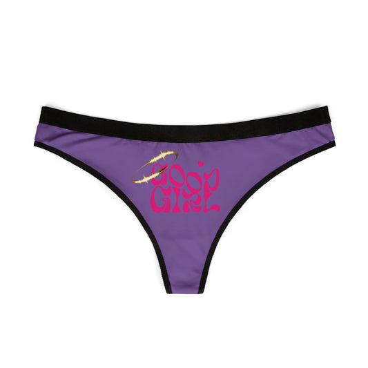 Elegant purple thong underwear displaying a catchy 'Good Girl' design in pink, perfect for adding a touch of fun to your lingerie collection.