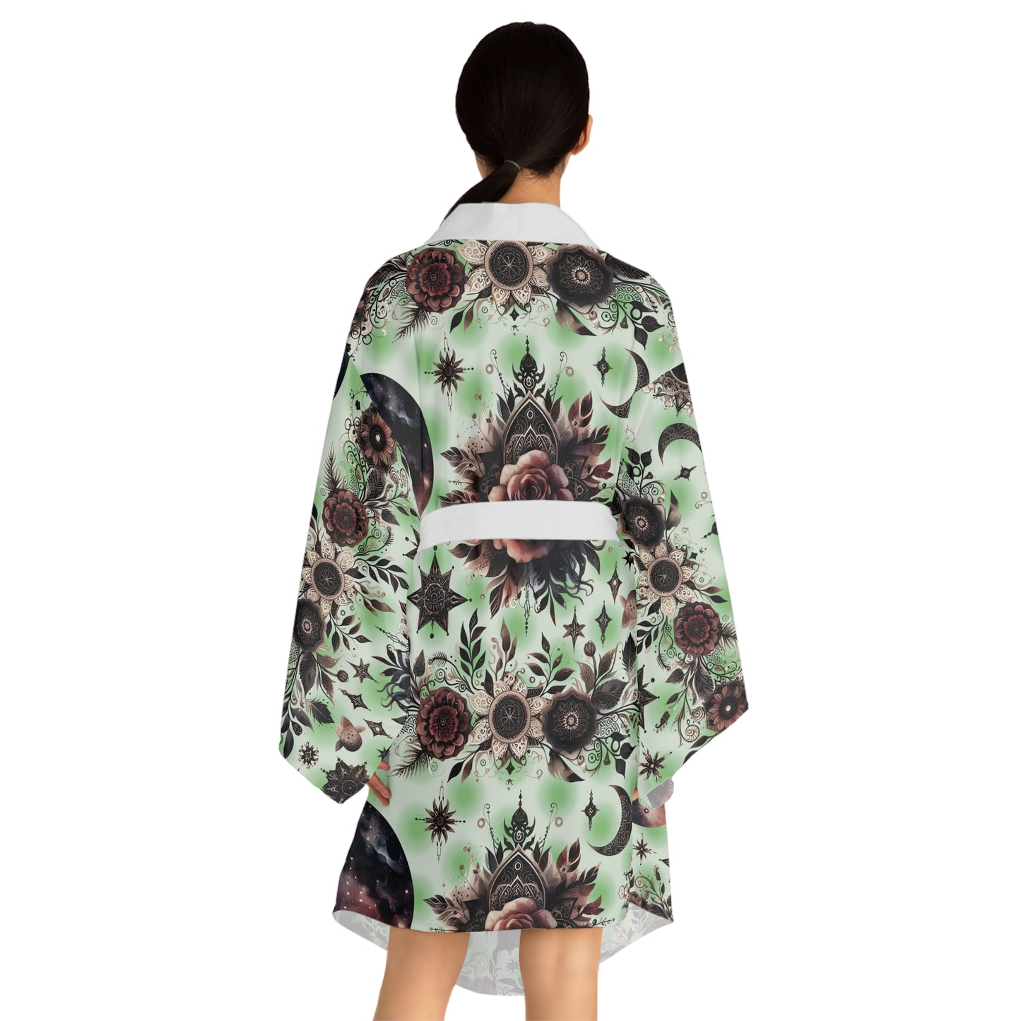 Back view of a woman in the Floral Kimono Robe, highlighting its luxurious floral design and comfortable silhouette.