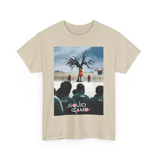 Stylish beige unisex Squid Game graphic t-shirt featuring a haunting tree design, perfect for expressing individuality in urban fashion.
