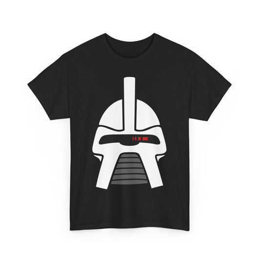 Battlestar Galactica Cylon Helmet Unisex Men's Women's Graphic T-Shirt Tee displayed in an elegant layout, featuring a captivating close-up of the iconic Cylon helmet design with its distinctive white and grey details on a luxurious black background.