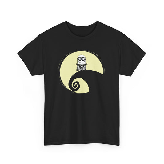 Minion Jack Skellington Unisex Mens Womens Graphic Funny T Shirt Tee Urban featuring a cartoon Minion on a crescent moon. Perfect for Halloween enthusiasts and fans of funny graphic tees. T Shirt, Funny, Minions.