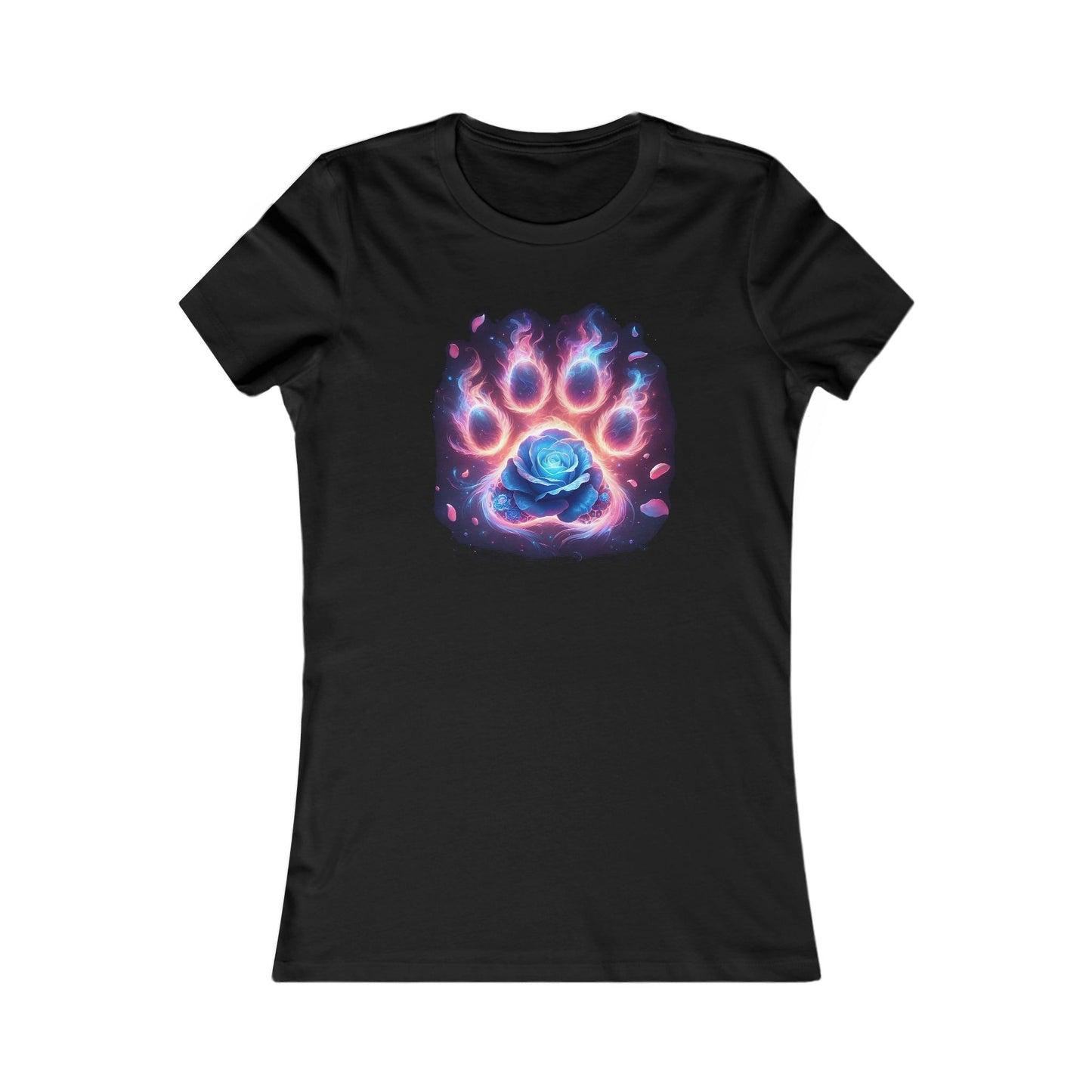 Mystical Paw Print Graphic T-Shirt for Women in Cotton featuring an enchanting cosmic design with a vibrant paw print and a blue rose, set against a dark background.