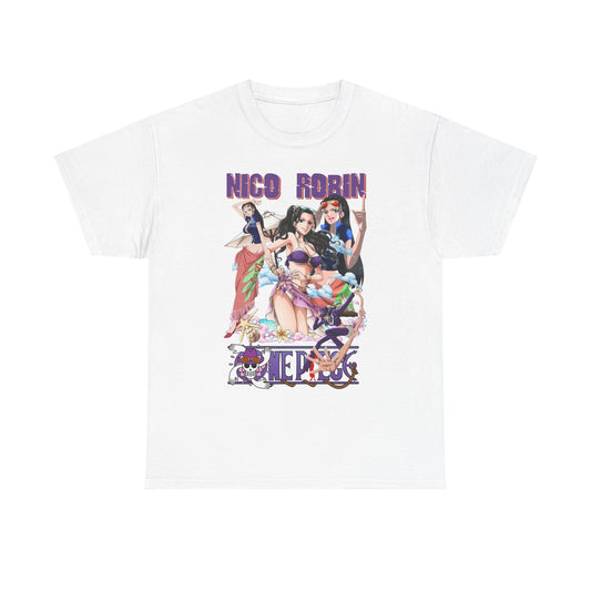Elegant white t-shirt showcasing exquisite anime art of Nico Robin with friends in colourful swimwear, embodying a playful beach vibe. Ideal fashion statement for anime lovers.