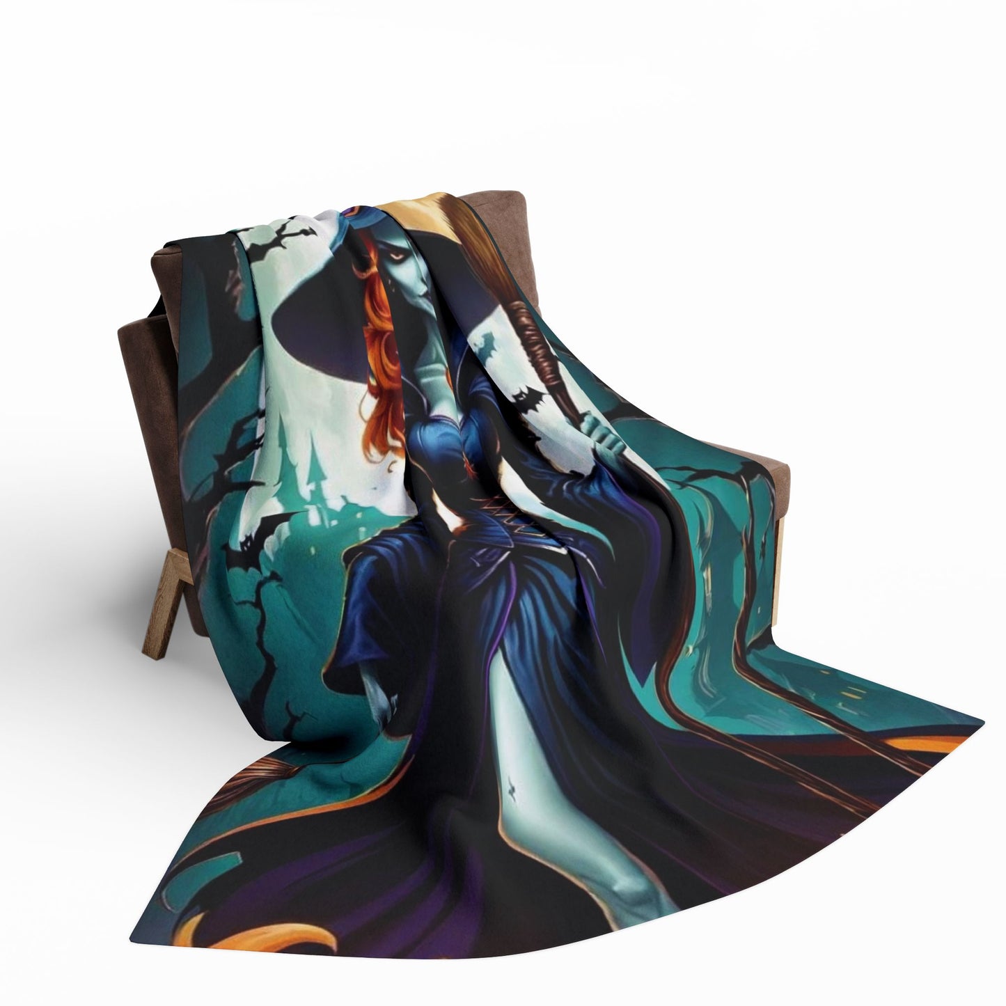 Elegant Decorative and Warm Halloween Cute Arctic Fleece Blanket draped over a chair, illustrating a mystical witch design. Ideal for enhancing your Halloween ambience with style and comfort.