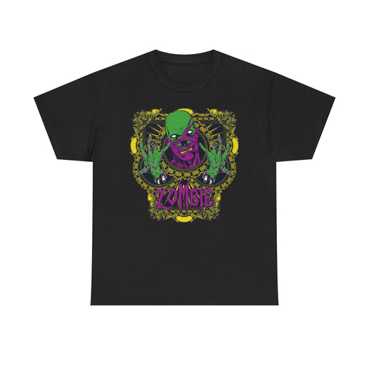 Exquisite black graphic T-shirt showcasing a prominent green zombie art piece, highlighted with rich purple hues and ornate detailing, perfect for bold fashion statements.