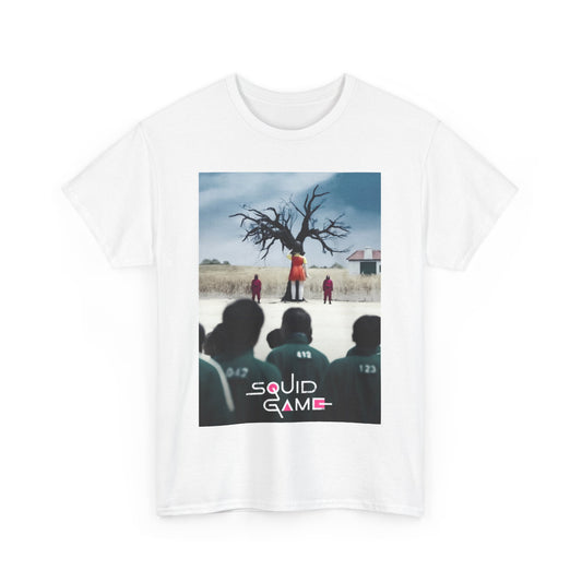 Elegant white T-shirt featuring a striking design from a popular survival drama, showcasing a haunting scene with a tree and figures, ideal for fashion-forward individuals who appreciate unique graphic tees.