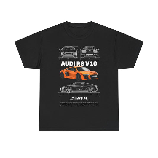 Elegant Audi R8 V10 graphic T-shirt in black showcasing intricate designs of the legendary sports car, ideal for style-savvy car lovers.