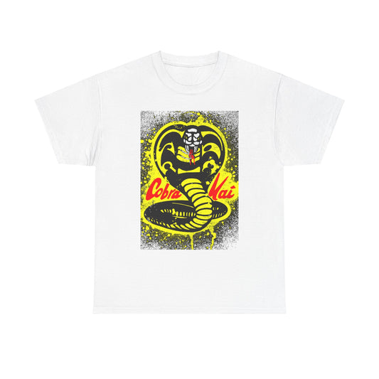 Luxurious unisex Cobra Kai graphic t-shirt featuring a striking snake design in black and yellow, set against a pristine white background, ideal for martial arts enthusiasts.