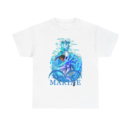 Elegant white men's T-shirt showcasing a captivating marine anime design, highlighted by the word 'MARINE' in vibrant blue, ideal for stylish anime fans.